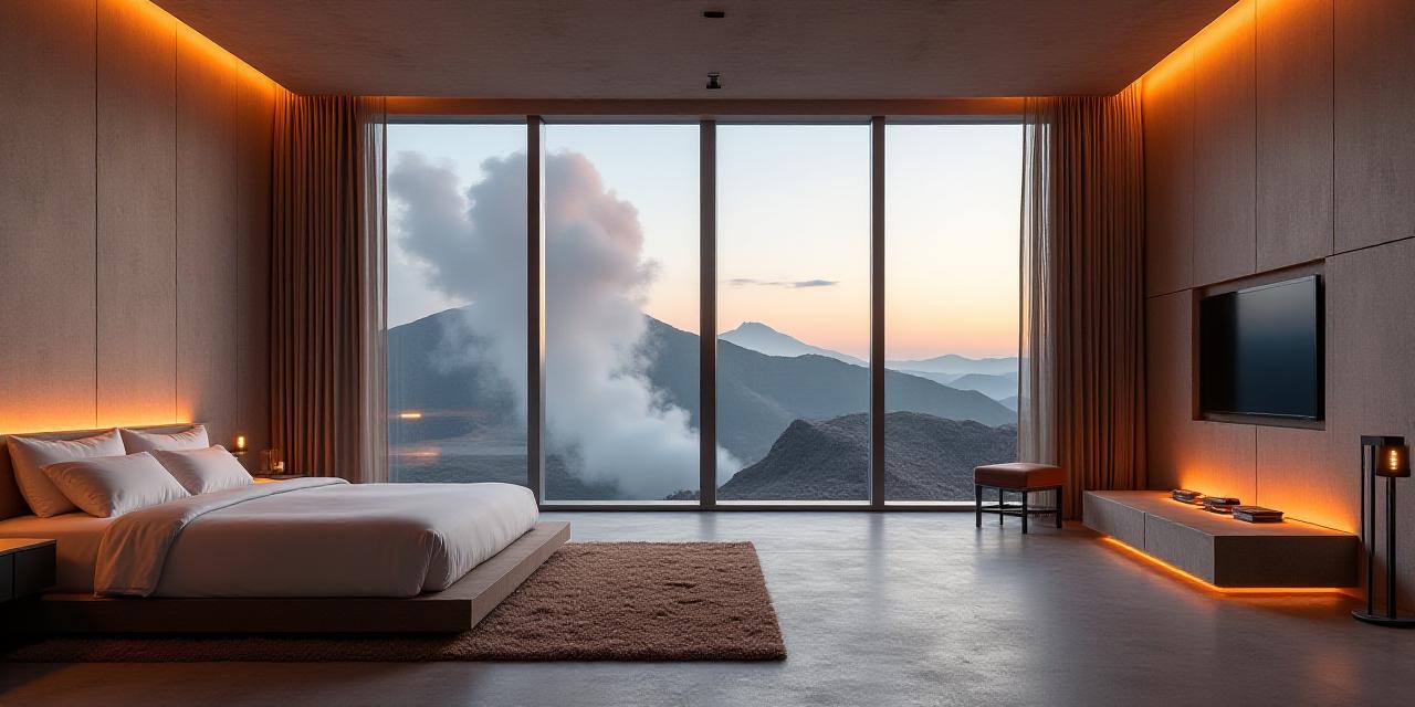 Luxury volcanic suite with minimalist decor and high ceilings